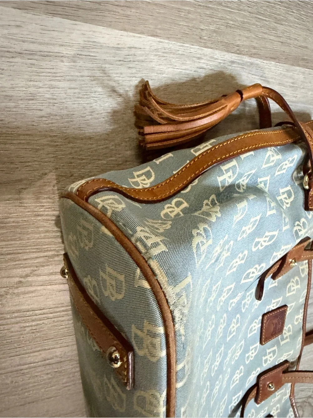 Dooney & Bourke Light Blue Monogram Tote with Brown Leather Trim